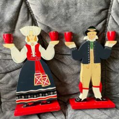 Pair vintage CANDLE HOLDERS folk costumes IKEA TAG